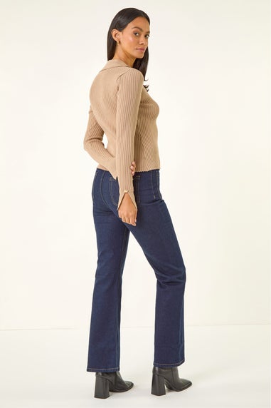 Dusk Natural Collared V-Neck Knit Top