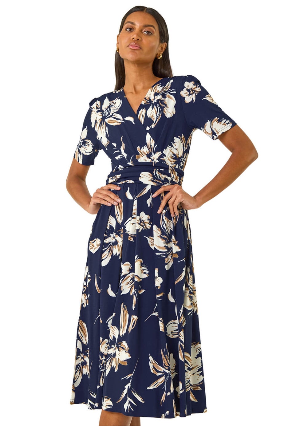 Roman Navy Floral Wrap Midi Dress