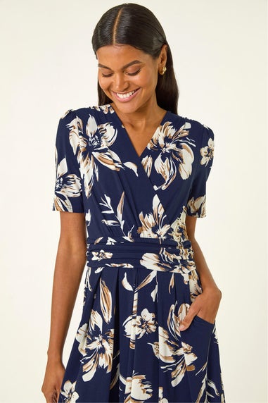 Roman Navy Floral Wrap Midi Dress