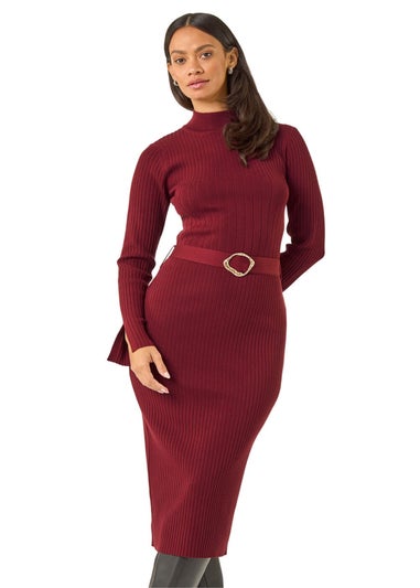 Dusk Wine Knitted Buckle Midi Dress
