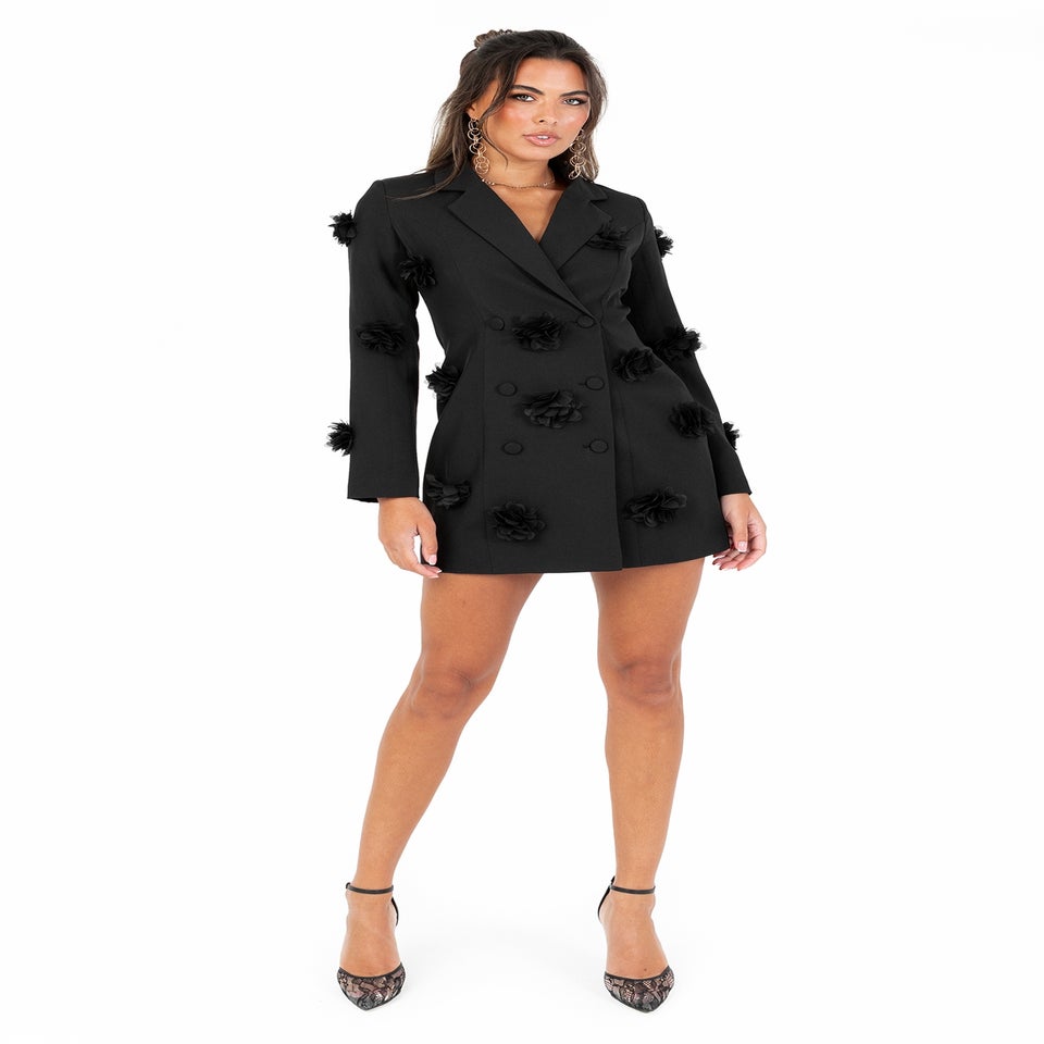 Maya Deluxe Black 3D Flower Blazer Dress