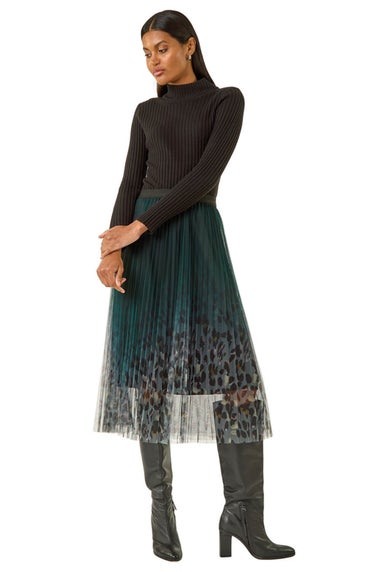 Roman Emerald Printed Pleat Mesh Skirt