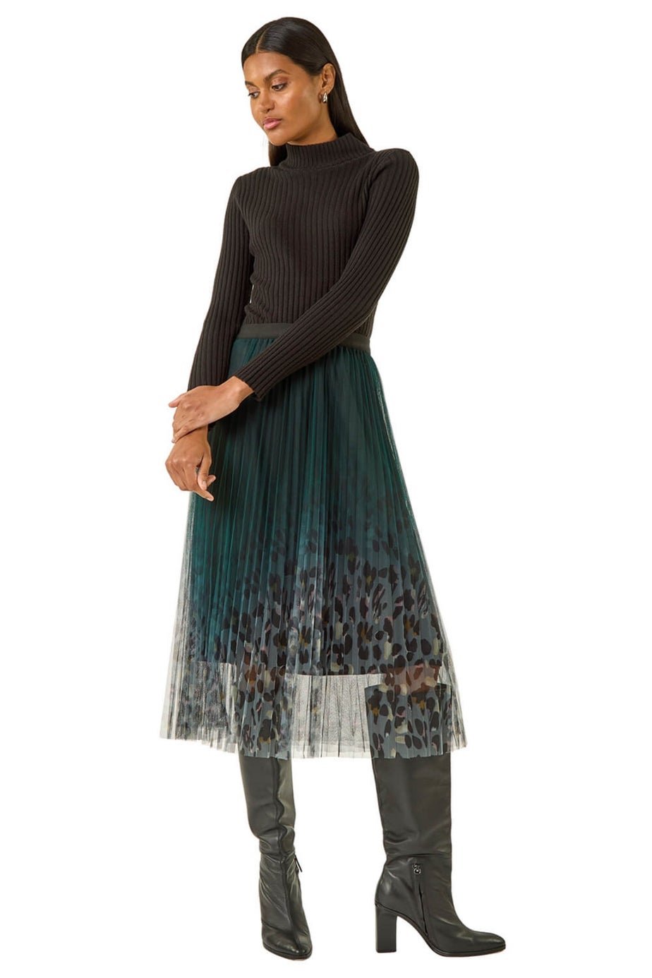 Roman Emerald Printed Pleat Mesh Skirt