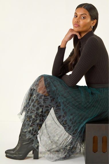 Roman Emerald Printed Pleat Mesh Skirt