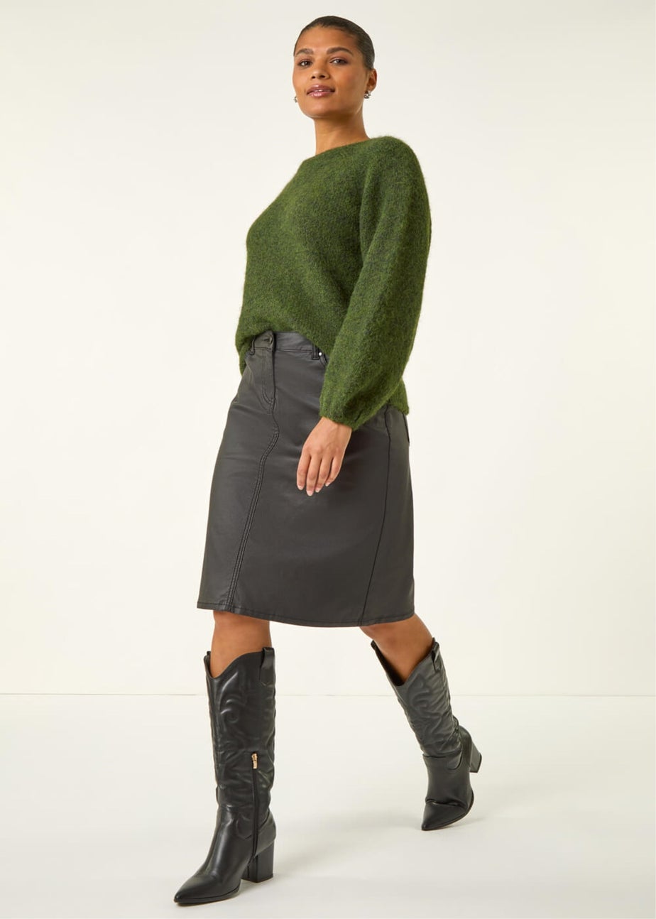 Roman Black Coated Stretch A-Line Skirt