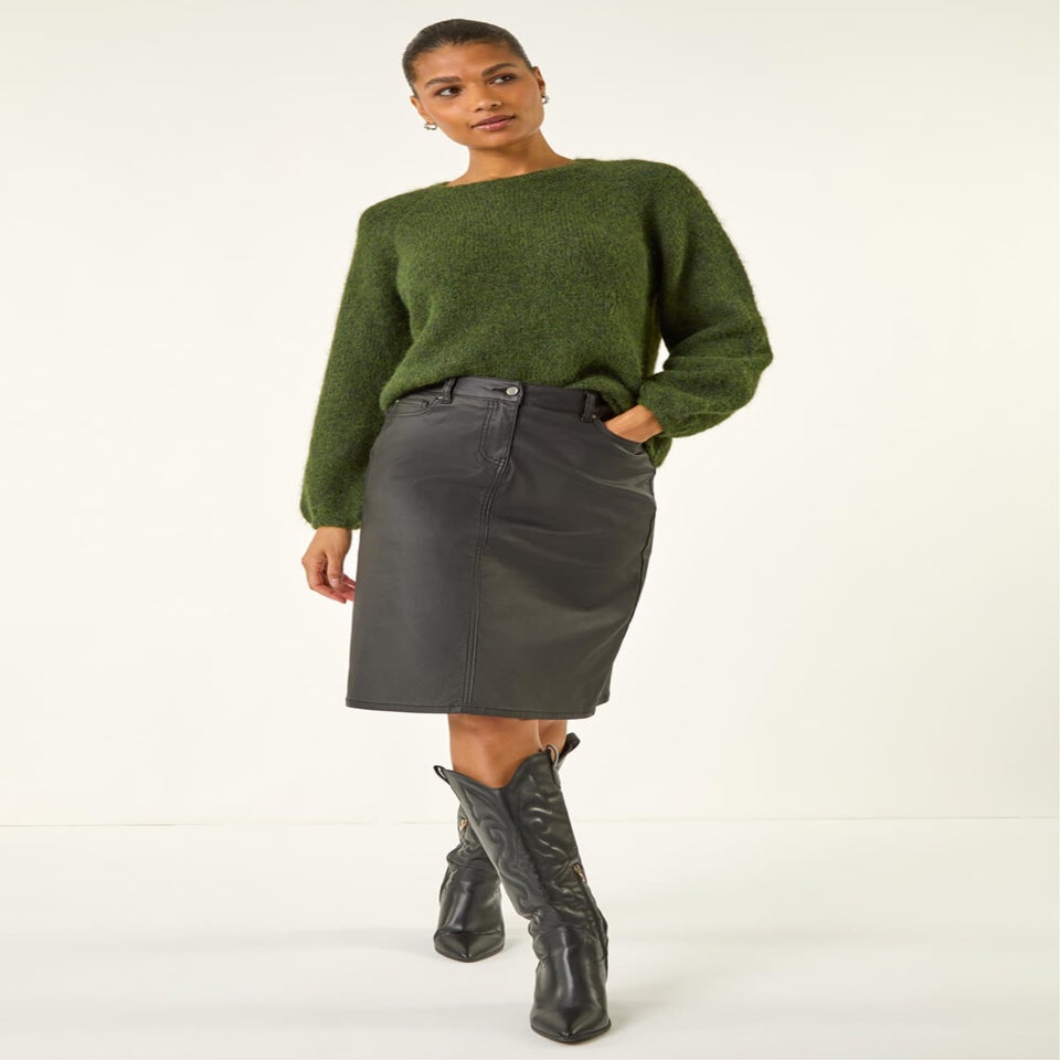 Roman Black Coated Stretch A-Line Skirt