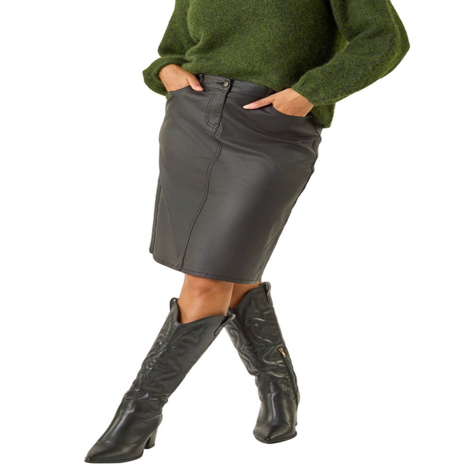 Roman Black Coated Stretch A-Line Skirt