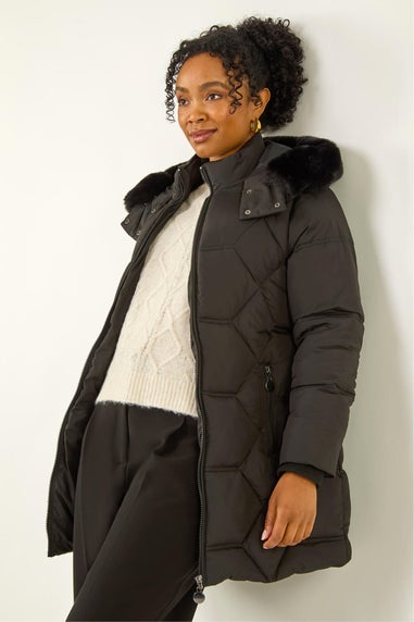 Roman Black Petite Hooded Quilted Puffer Coat