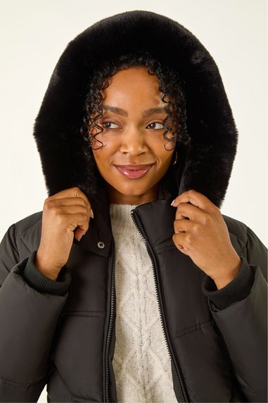 Roman Black Petite Hooded Quilted Puffer Coat