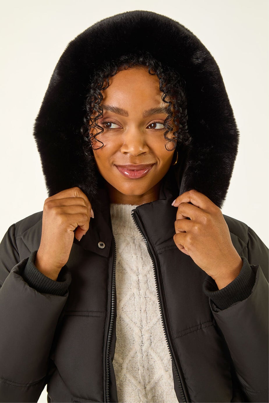 Roman Black Petite Hooded Quilted Puffer Coat