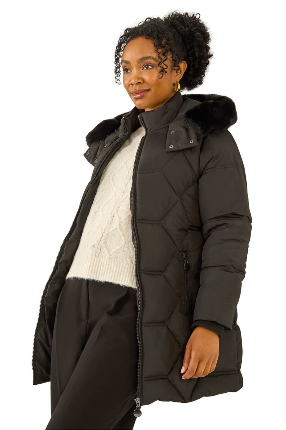 Roman Black Petite Hooded Quilted Puffer Coat
