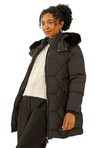 Roman Black Petite Hooded Quilted Puffer Coat