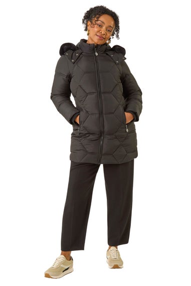 Roman Black Petite Hooded Quilted Puffer Coat