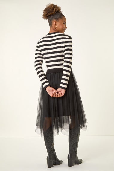 Roman Black Stripe Print Mesh Midi Dress
