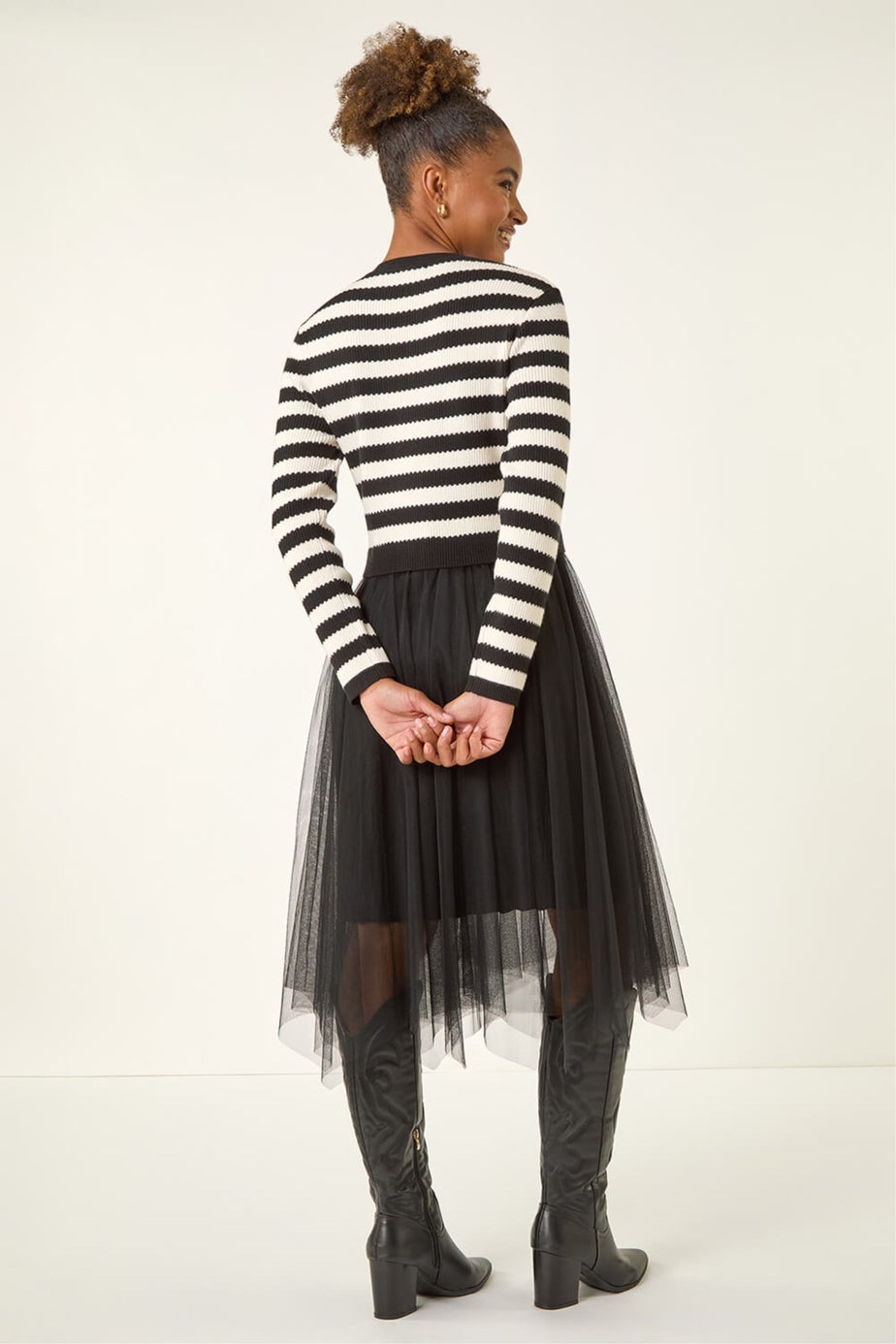 Roman Black Stripe Print Mesh Midi Dress