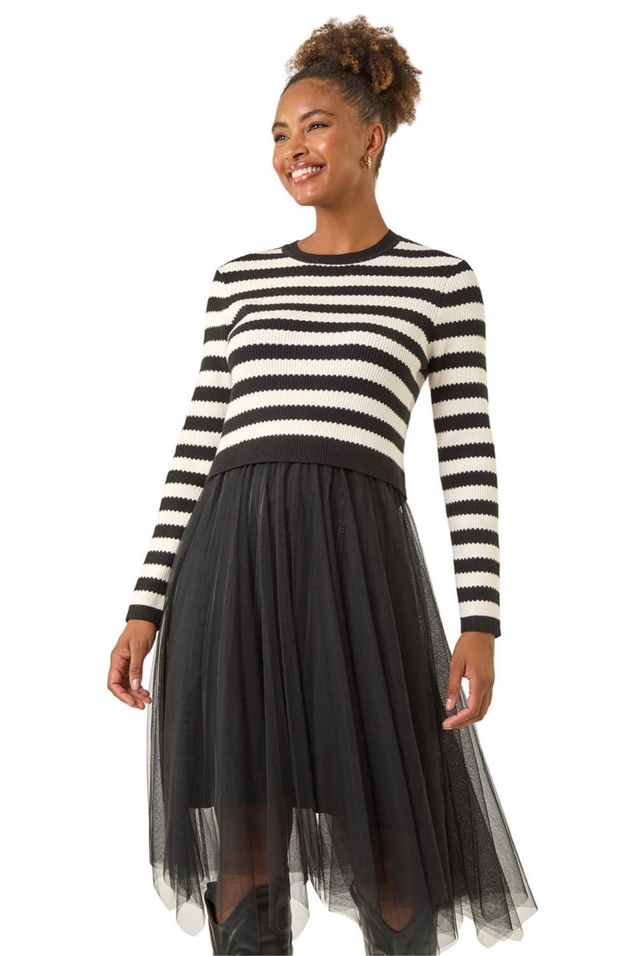 Roman Black Stripe Print Mesh Midi Dress