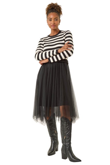 Roman Black Stripe Print Mesh Midi Dress