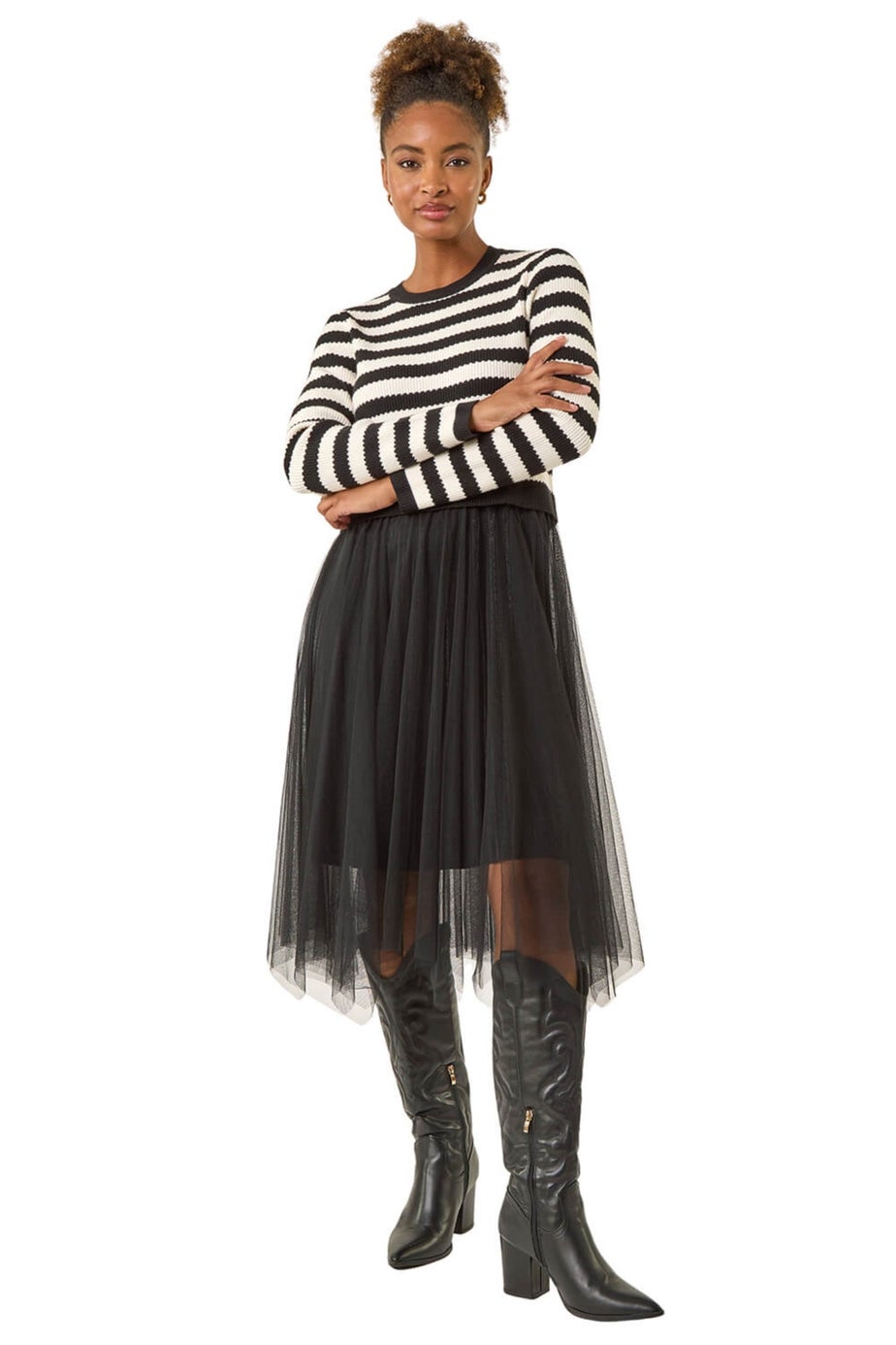 Roman Black Stripe Print Mesh Midi Dress