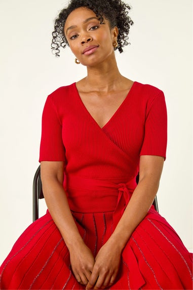 Roman Red Petite Tie Waist Knitted Dress