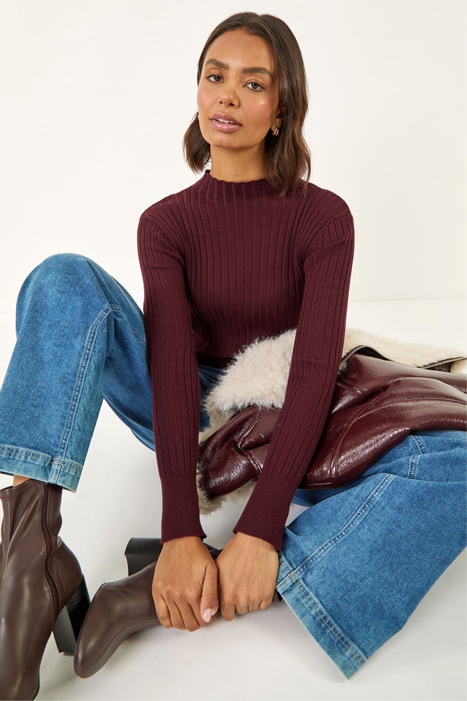 Roman Burgundy Ribbed Detail Knitted Jumper