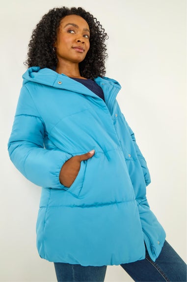 Roman Blue Petite Hooded Quilted Puffer Coat