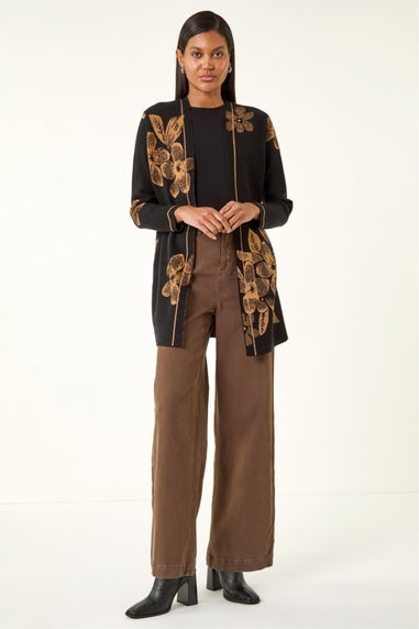 Roman Black Contrast Floral Print Cardigan