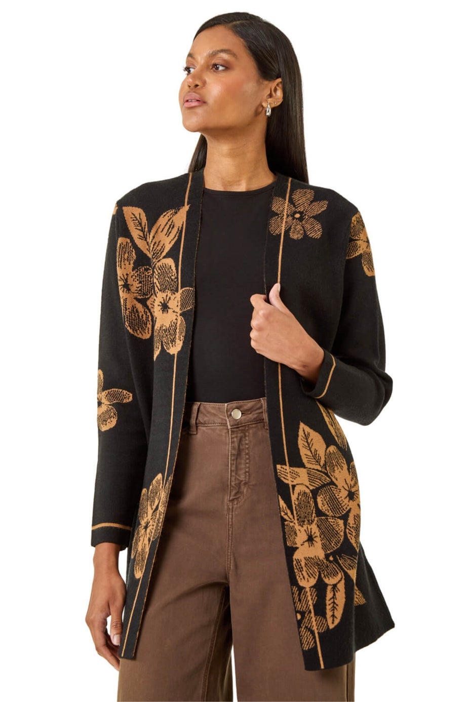 Roman Black Contrast Floral Print Cardigan