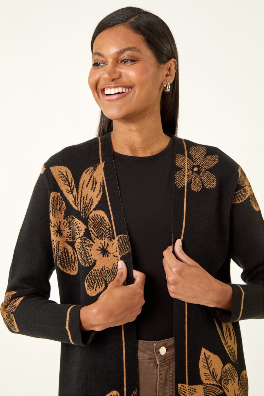 Roman Black Contrast Floral Print Cardigan