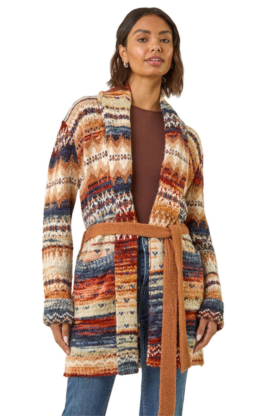 Roman Brown Jacquard Knit Belted Cardigan