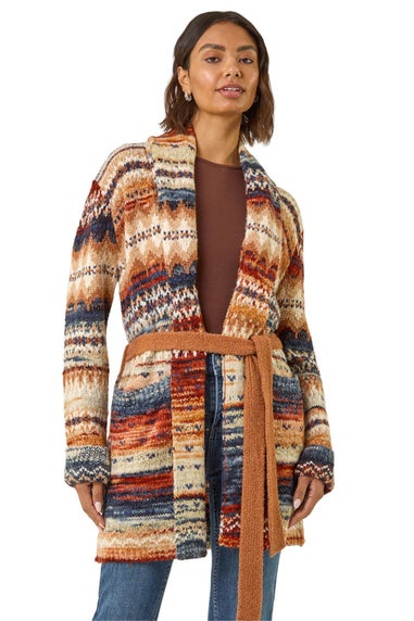 Roman Brown Jacquard Knit Belted Cardigan