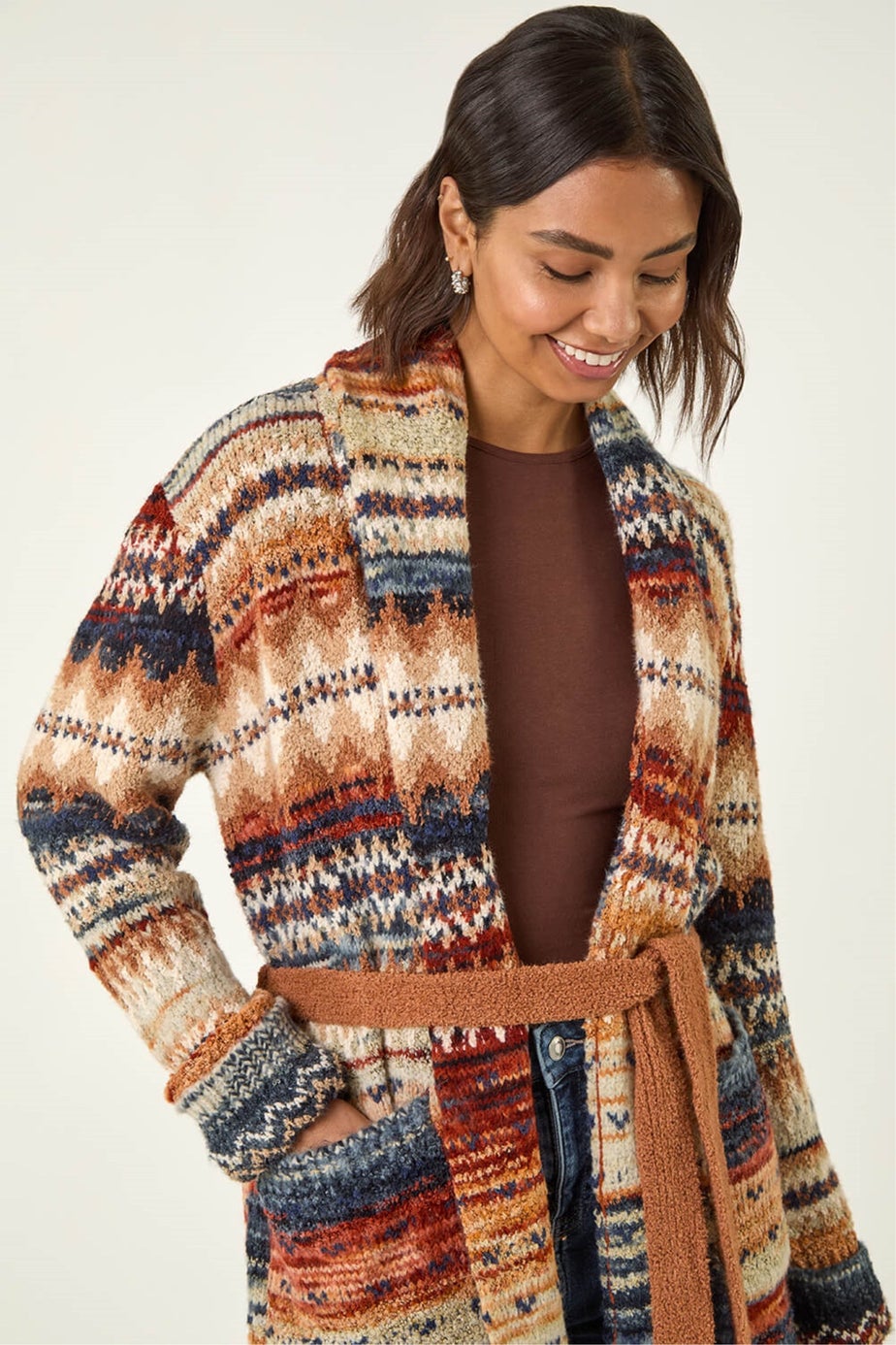 Roman Brown Jacquard Knit Belted Cardigan