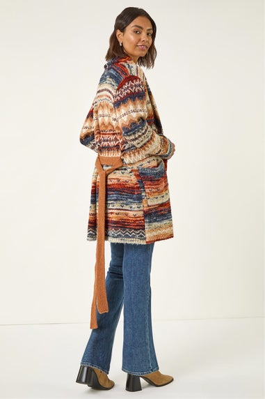 Roman Brown Jacquard Knit Belted Cardigan