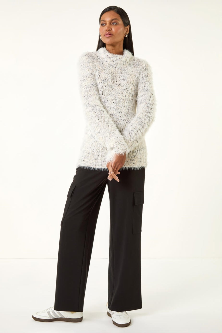 Roman Ivory Fluffy High Neck Knit Jumper