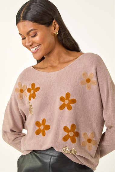 Roman Biscuit Floral Sequin Embroidery Knit Jumper