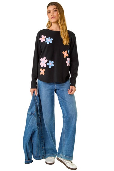 Roman Black Floral Embroidery Knit Jumper