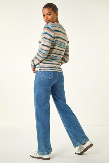 Roman Light Blue Stripe Buttoned Cable Knit Cardigan