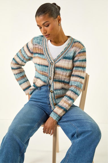 Roman Light Blue Stripe Buttoned Cable Knit Cardigan