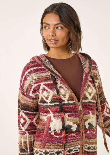 Roman Burgundy Jacquard Zip Hooded Cardigan