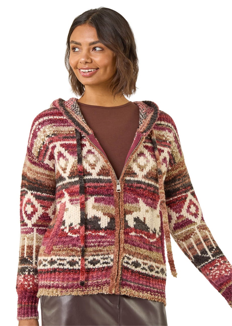 Roman Burgundy Jacquard Zip Hooded Cardigan