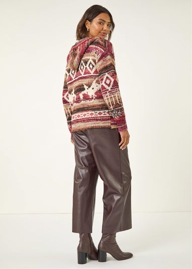 Roman Burgundy Jacquard Zip Hooded Cardigan