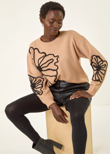 Roman Camel Cornelli Floral Knit Jumper