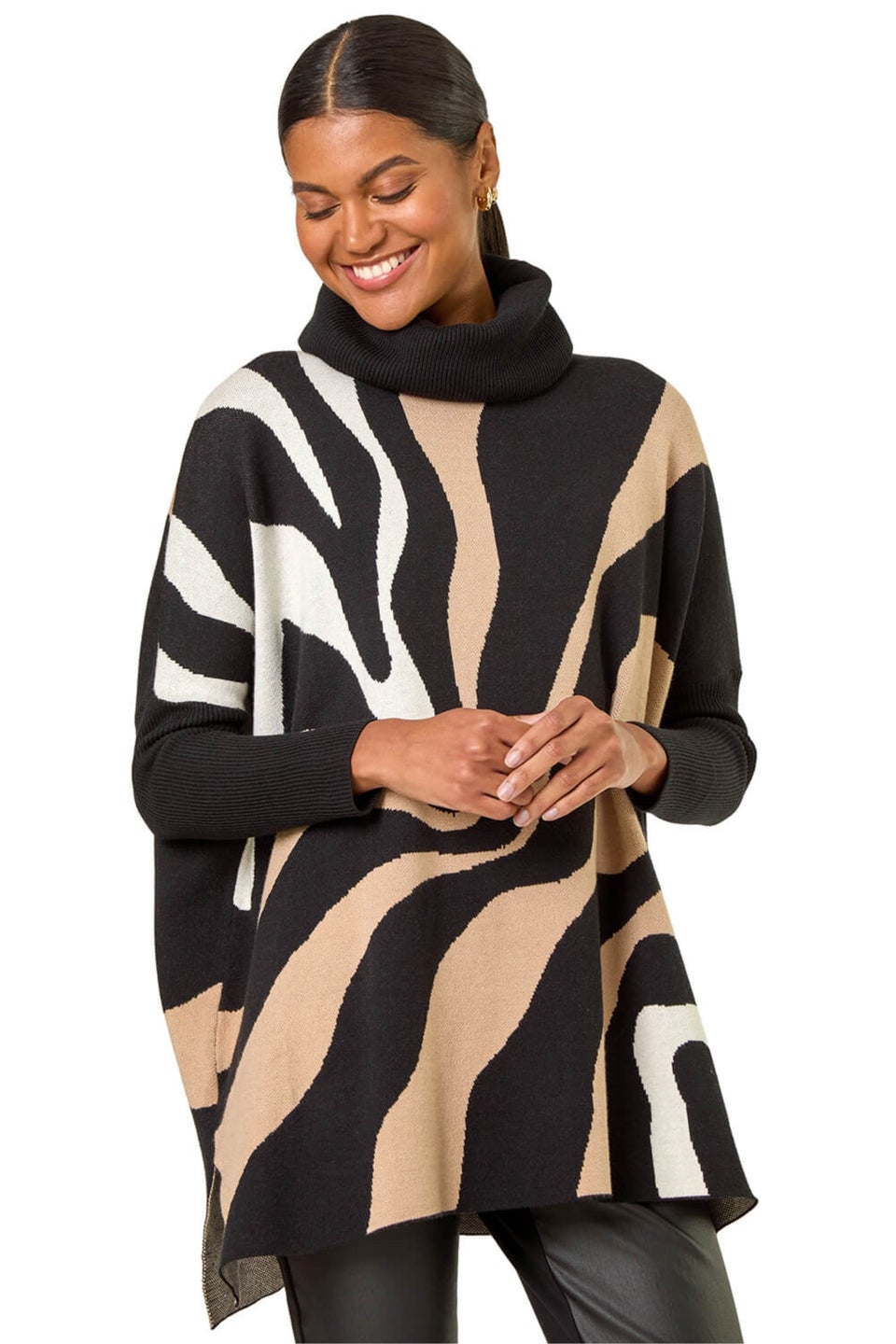 Roman Black Wave Print Roll Neck Knit Jumper