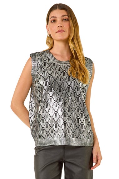 Roman Black Metallic Knit Vest