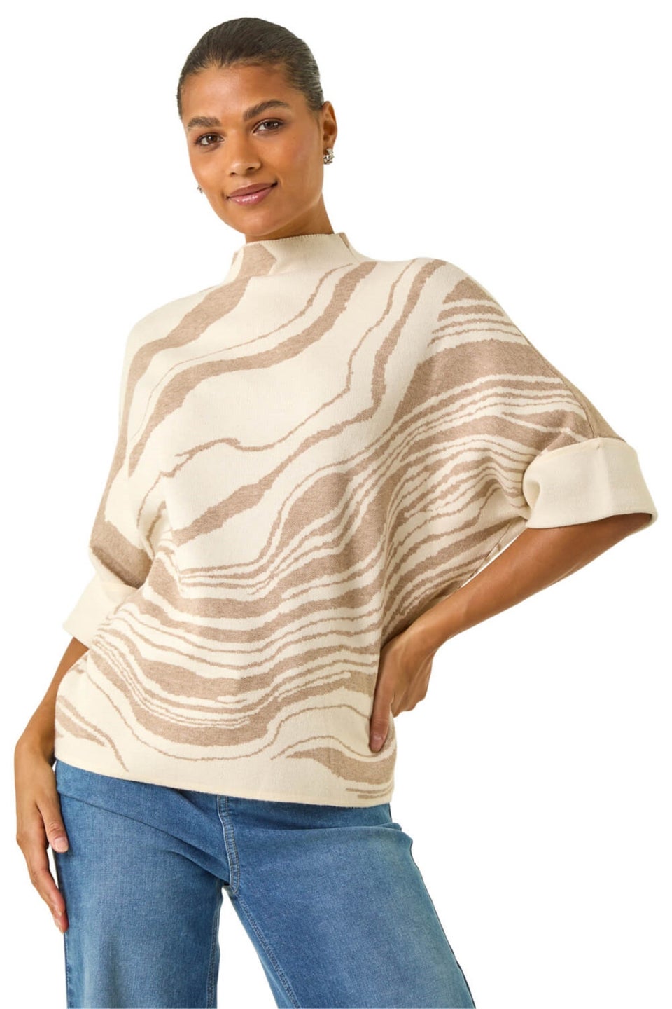 Roman Cream Marble High Neck Knit Jumper