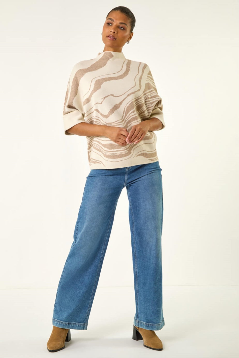 Roman Cream Marble High Neck Knit Jumper