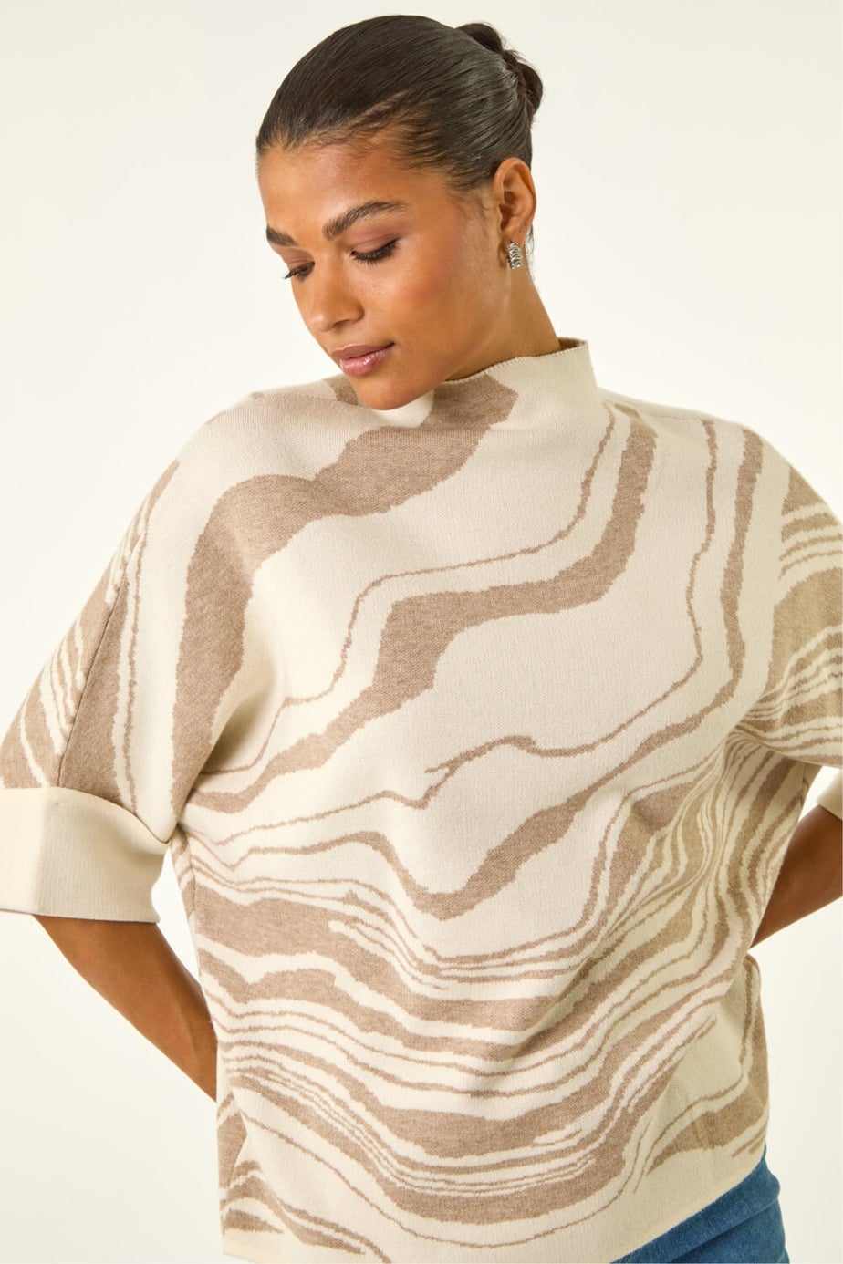 Roman Cream Marble High Neck Knit Jumper