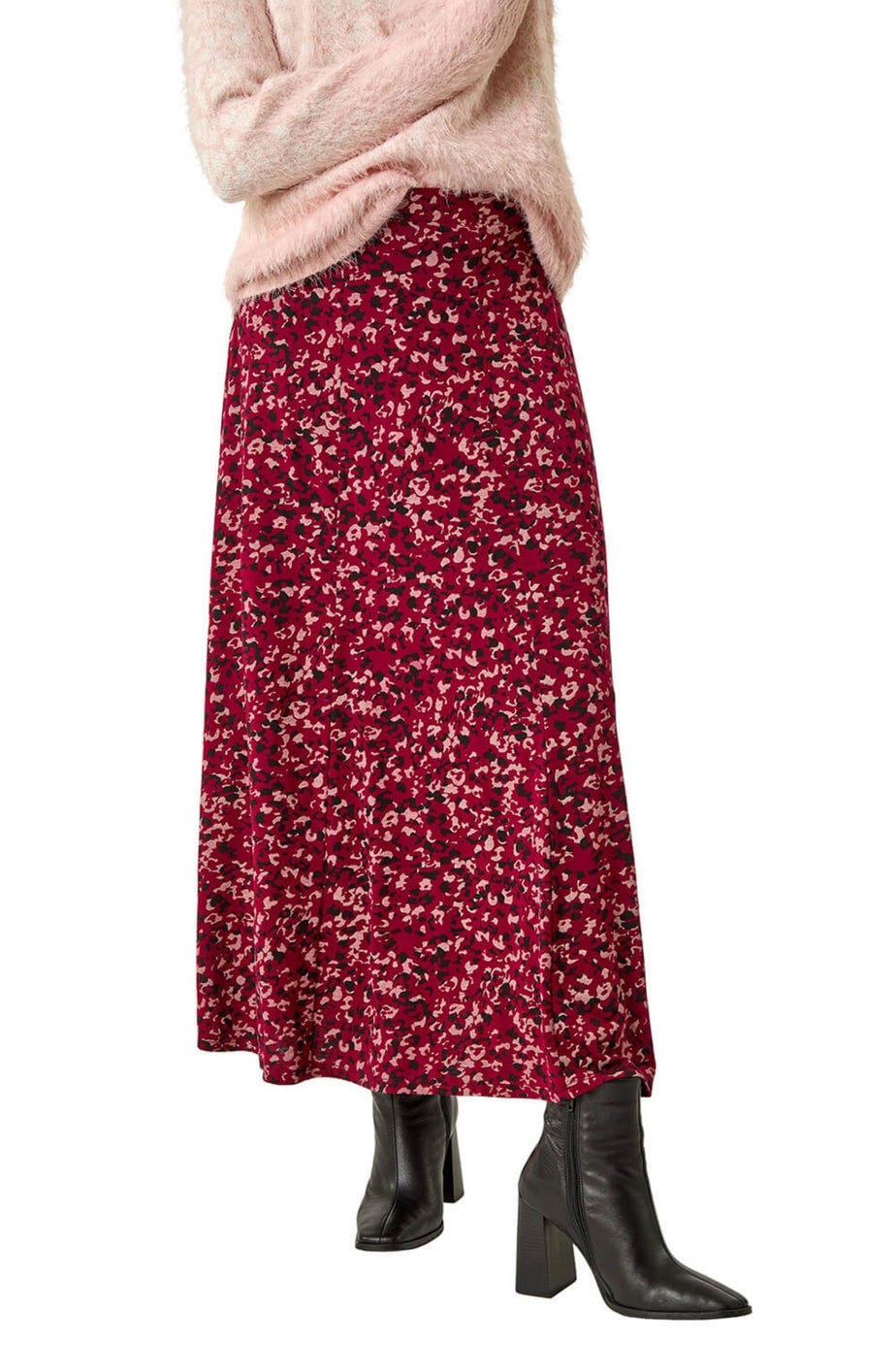 Roman Wine Confetti Print Stretch Midi Skirt