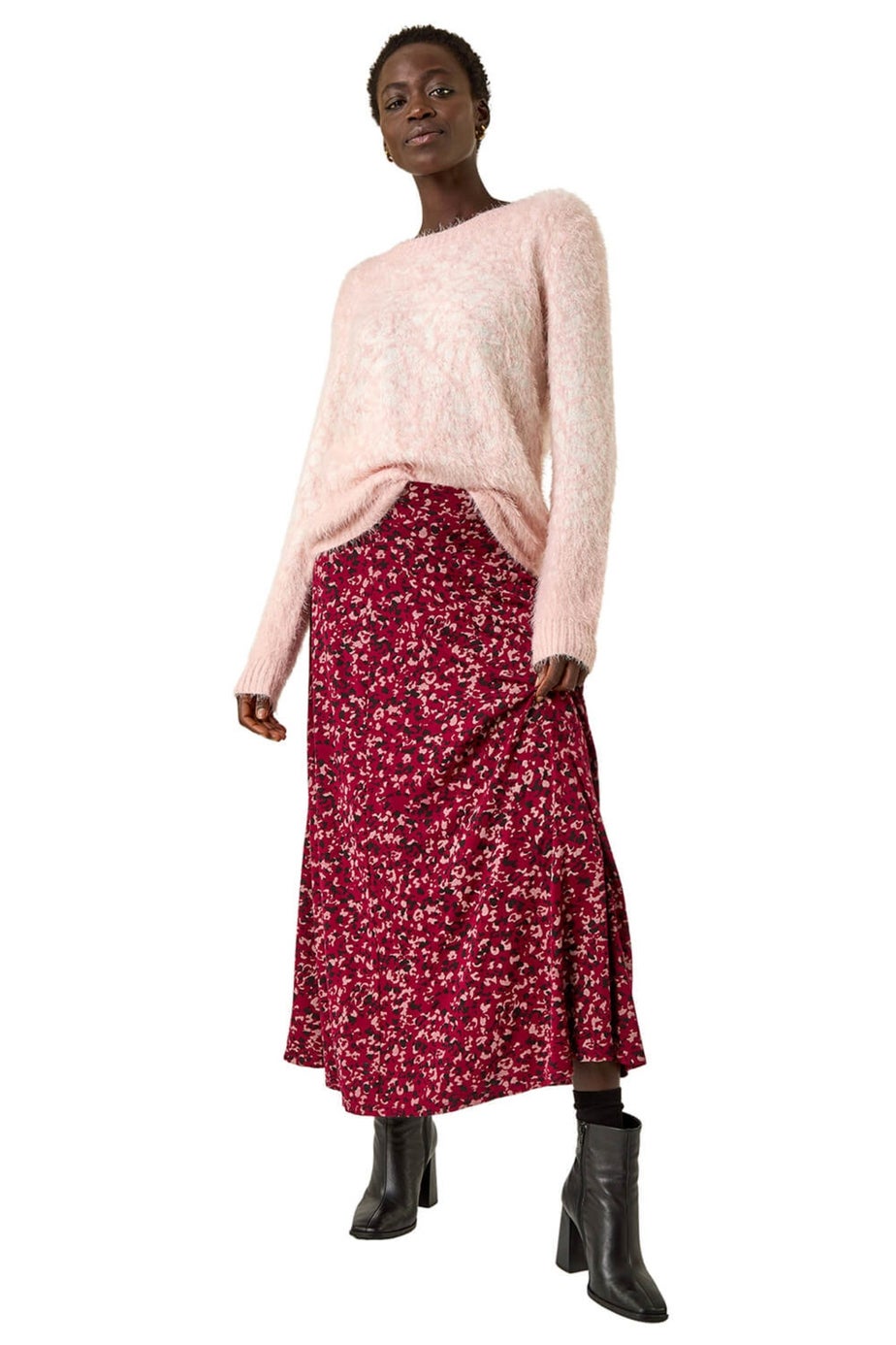 Roman Wine Confetti Print Stretch Midi Skirt