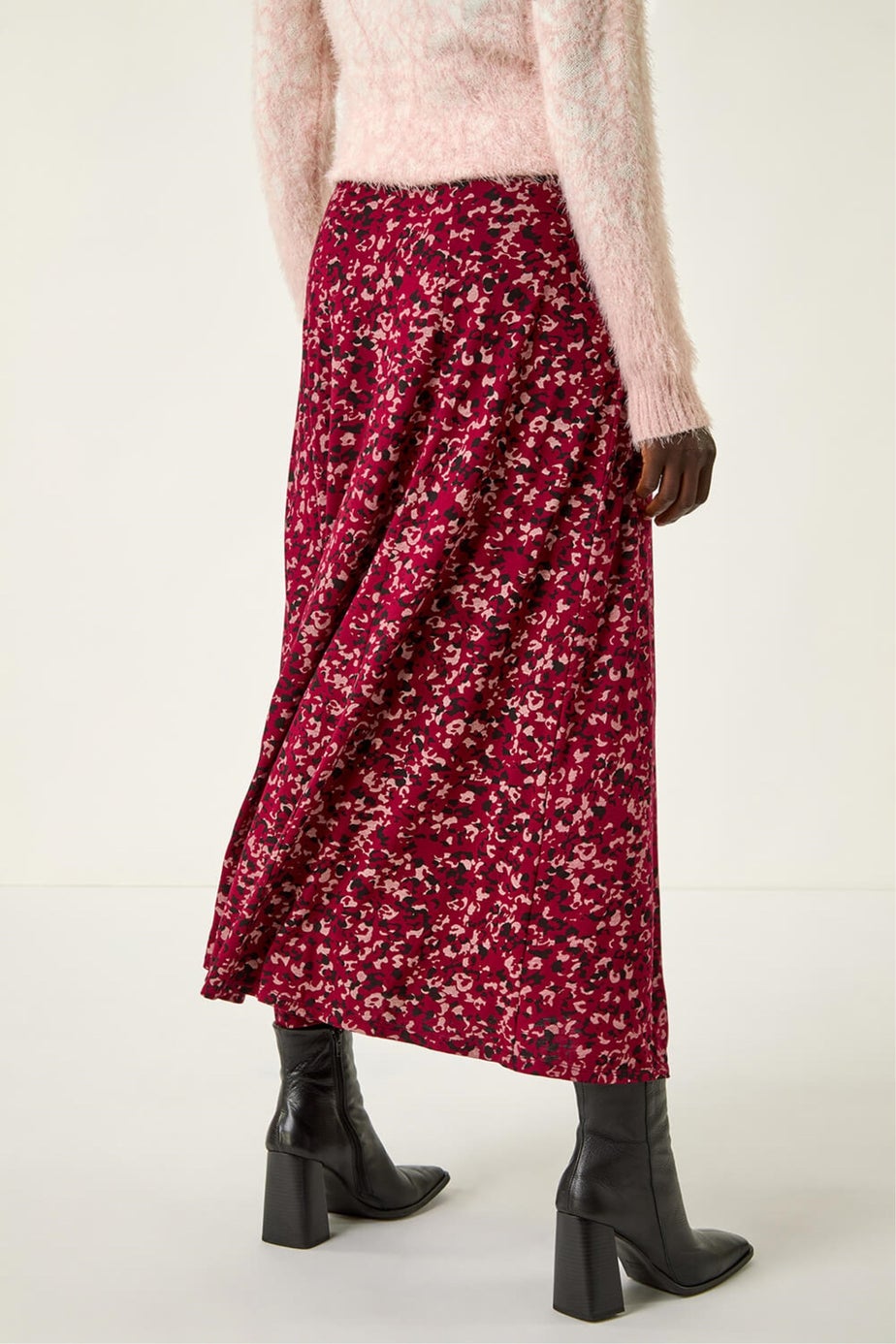 Roman Wine Confetti Print Stretch Midi Skirt
