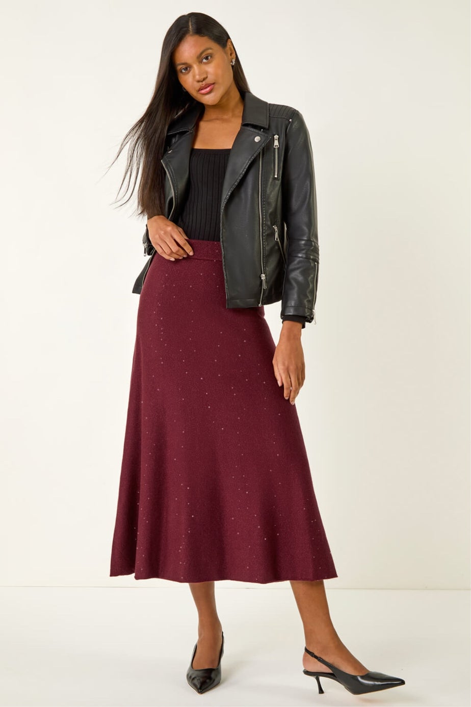 Roman Bordeaux Shimmer Knit Midi Skirt